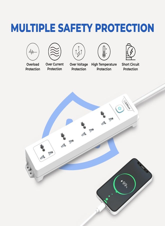 EMBOX لوحة تمديد كهربائية من إمبوكس مزودة بمفاتيح، بقدرة 1500 واط، و4 مقابس عالمية، ومفتاح رئيسي، وحماية من ارتفاع التيار المفاجئ 6 أمبير، ومؤشر LED، وغطاء أمان، وسلك تمديد بطول 3 أمتار. - Image 2